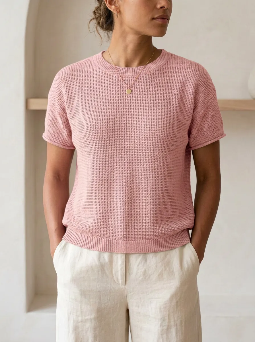 Women's Minimalist Crew-Neck Waffle Knit T-Shirt