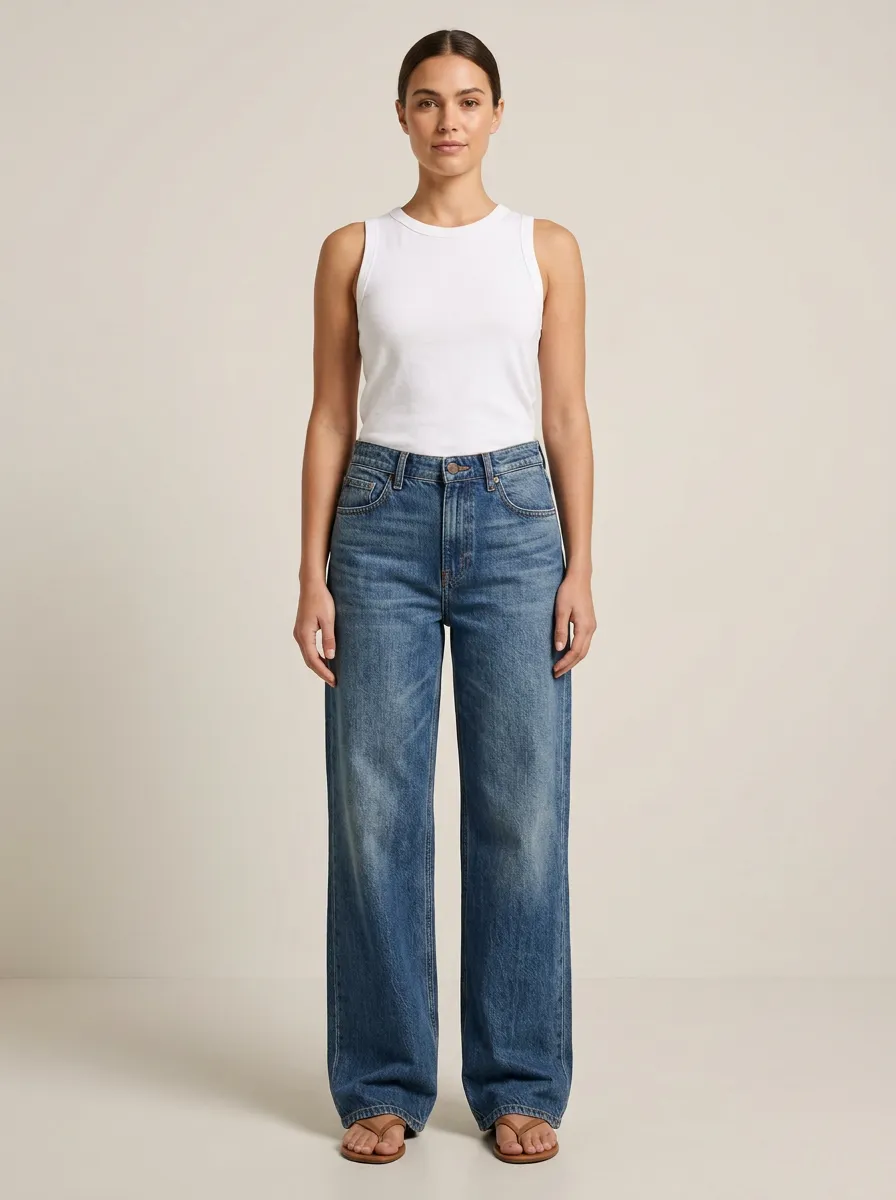 Women's Relaxed Whiskered Faded Wide-Leg Denim Jeans