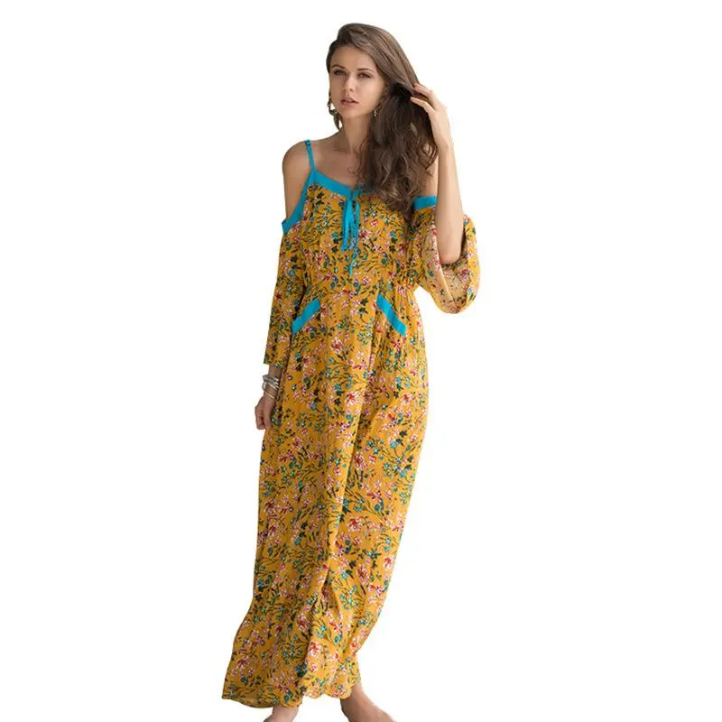 Boho Off-the-shoulder Strap Long-sleeved Printed Dress Beach Casual Holiday Long Dress