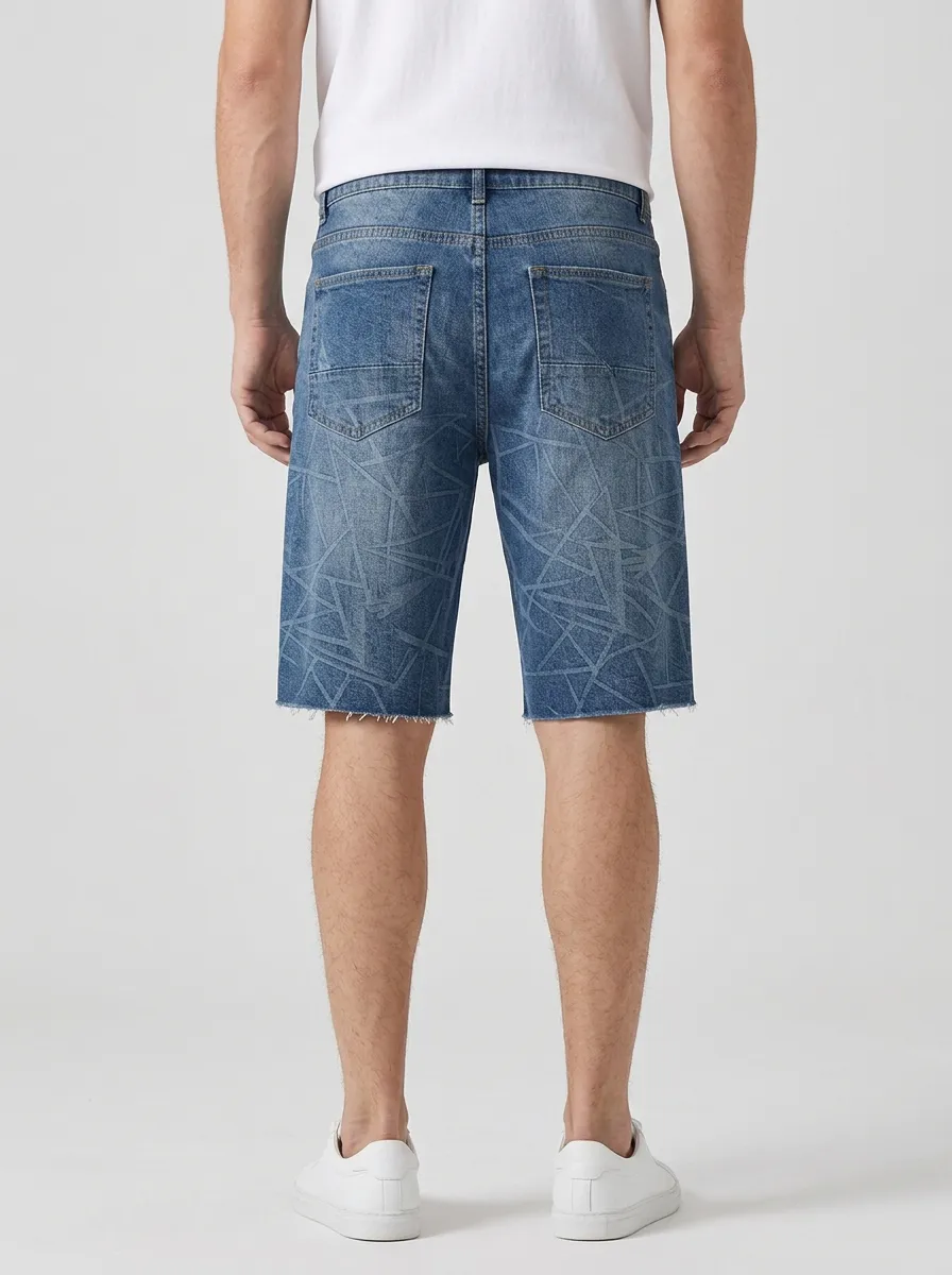 Men's Geometric Raw Hem Distressed Denim Shorts