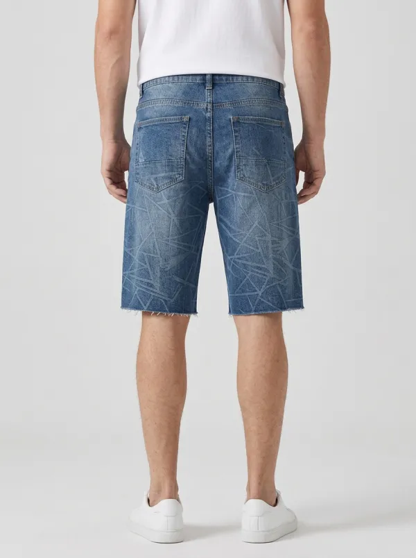 Men's Geometric Raw Hem Distressed Denim Shorts