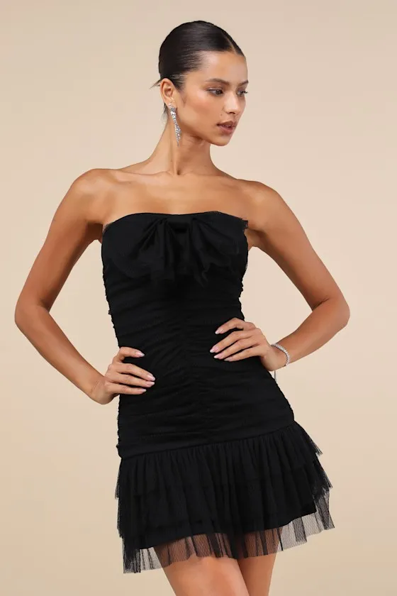 Picture-Perfect Persona Black Mesh Bow Ruched Mini Dress