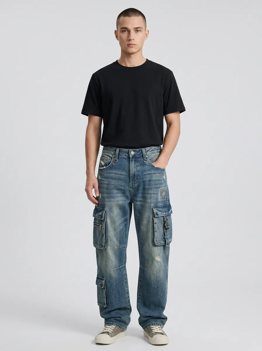 Men's Mid-Blue Geometric Detail D-Ring Relaxed Denim Cargo Pants