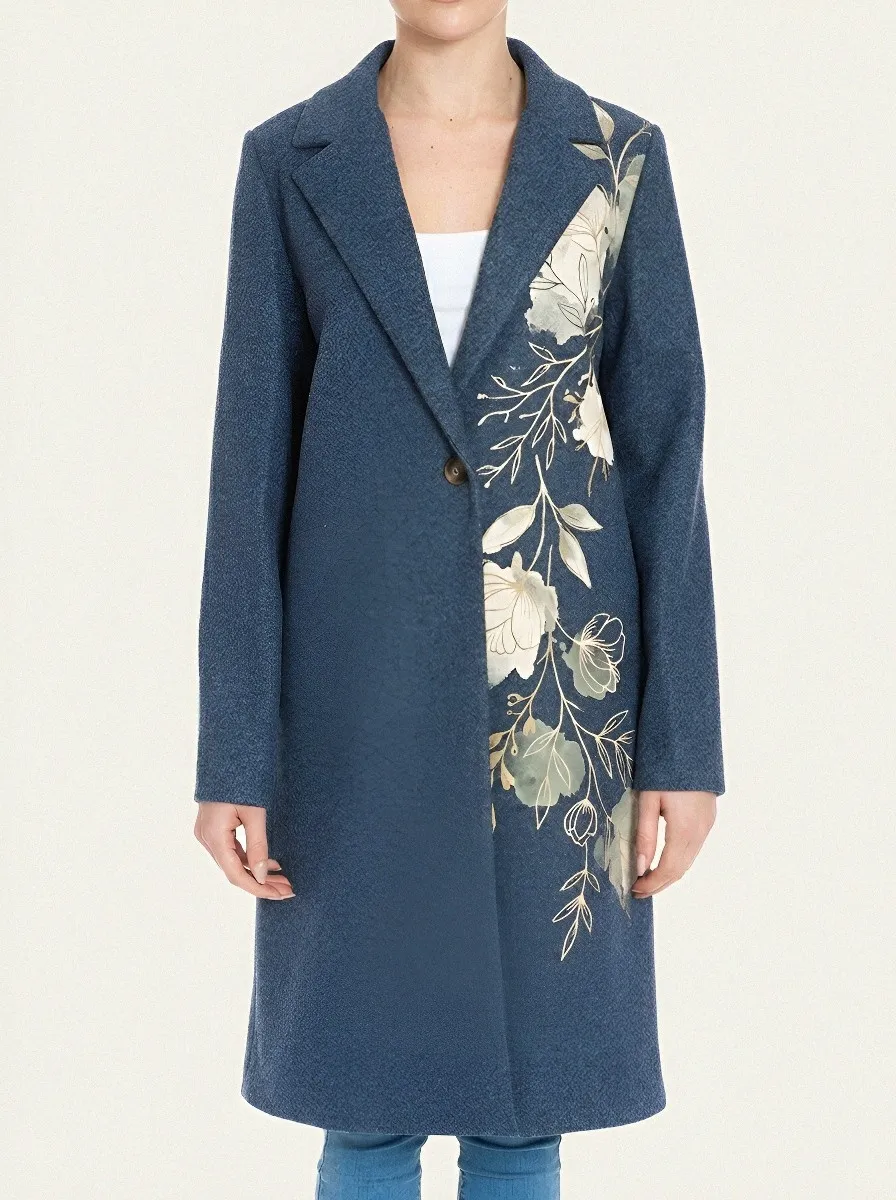 Women's Sleeve Detail Floral Art Grey Wool Blend Coat