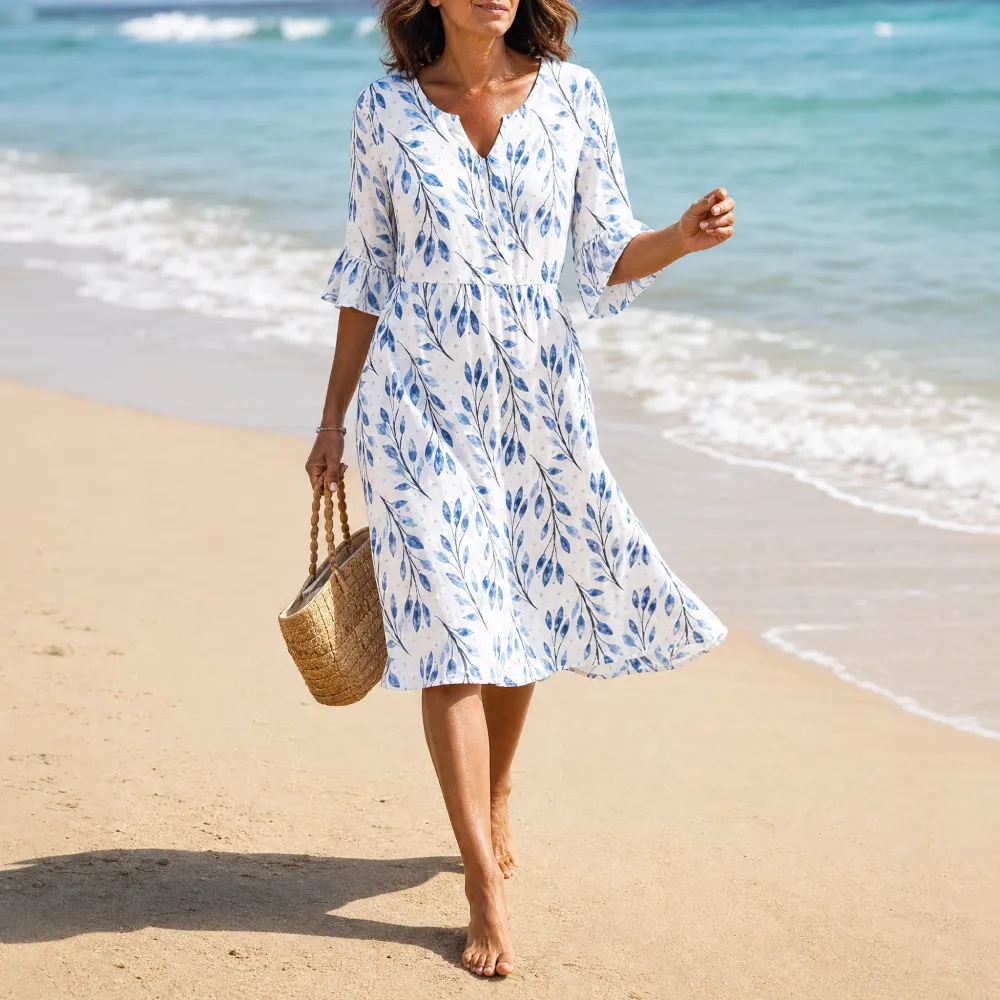 V Neck Floral Flutter Midi Dress