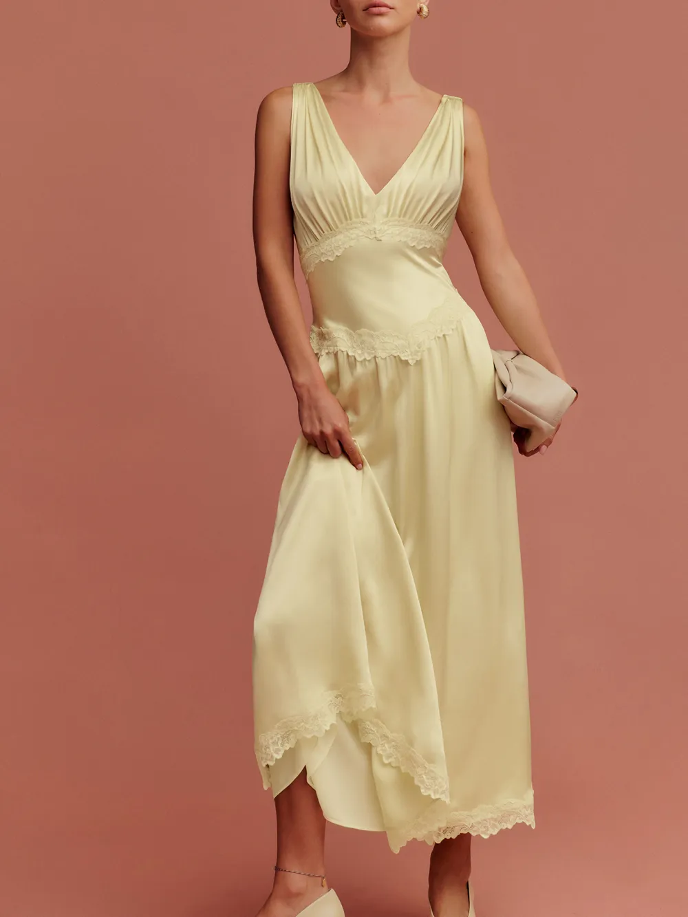 V Neck Lace Hem Silk Midi Dress