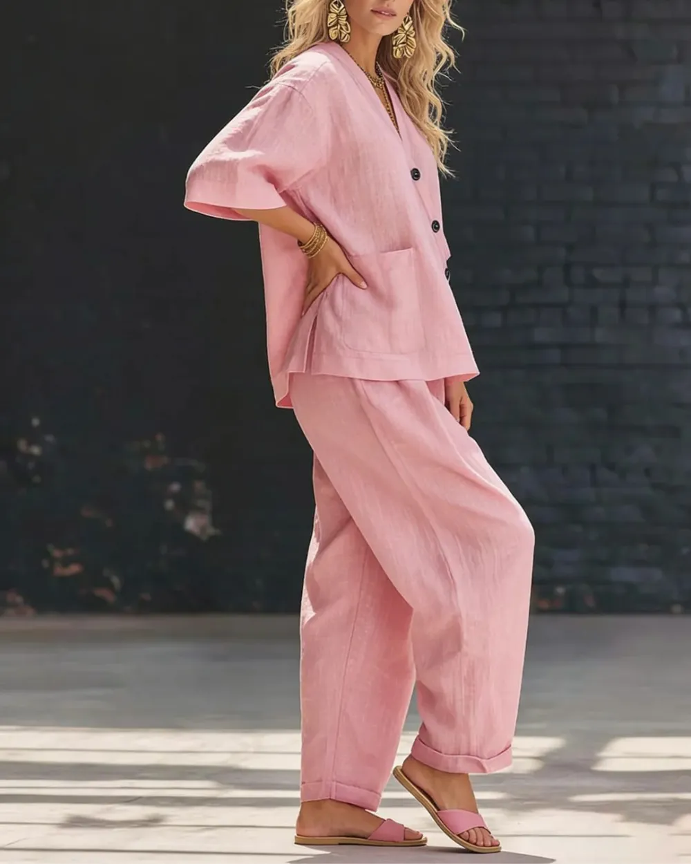 Casual Cotton and Linen V-Neck Top and Wide Leg Set