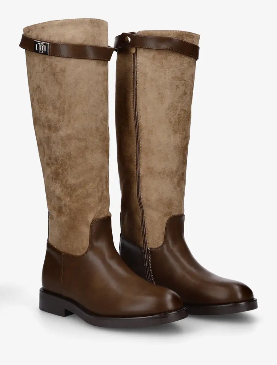 Buckle Detail Block Heel Faux Suede Faux Leather Knee High Boots