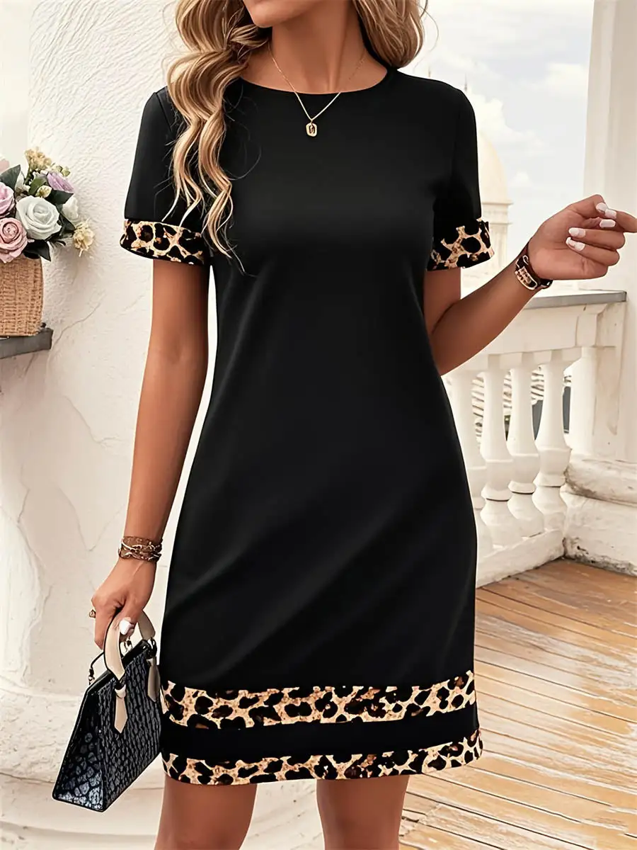 Bodycon Relaxed Contrast Color Leopard Split Joint Round Neck Mini Dress