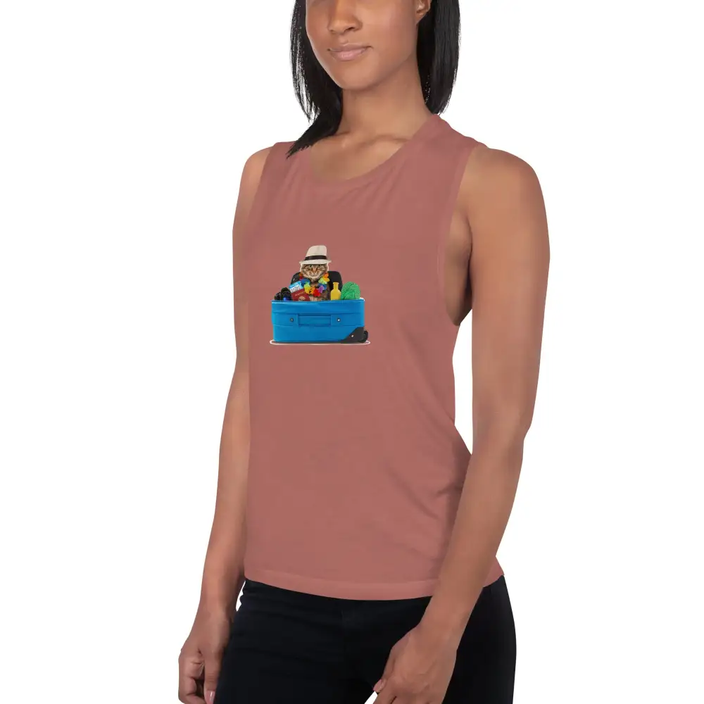 Graphic Ladies Muscle Tank Cat Tourist Tank Top