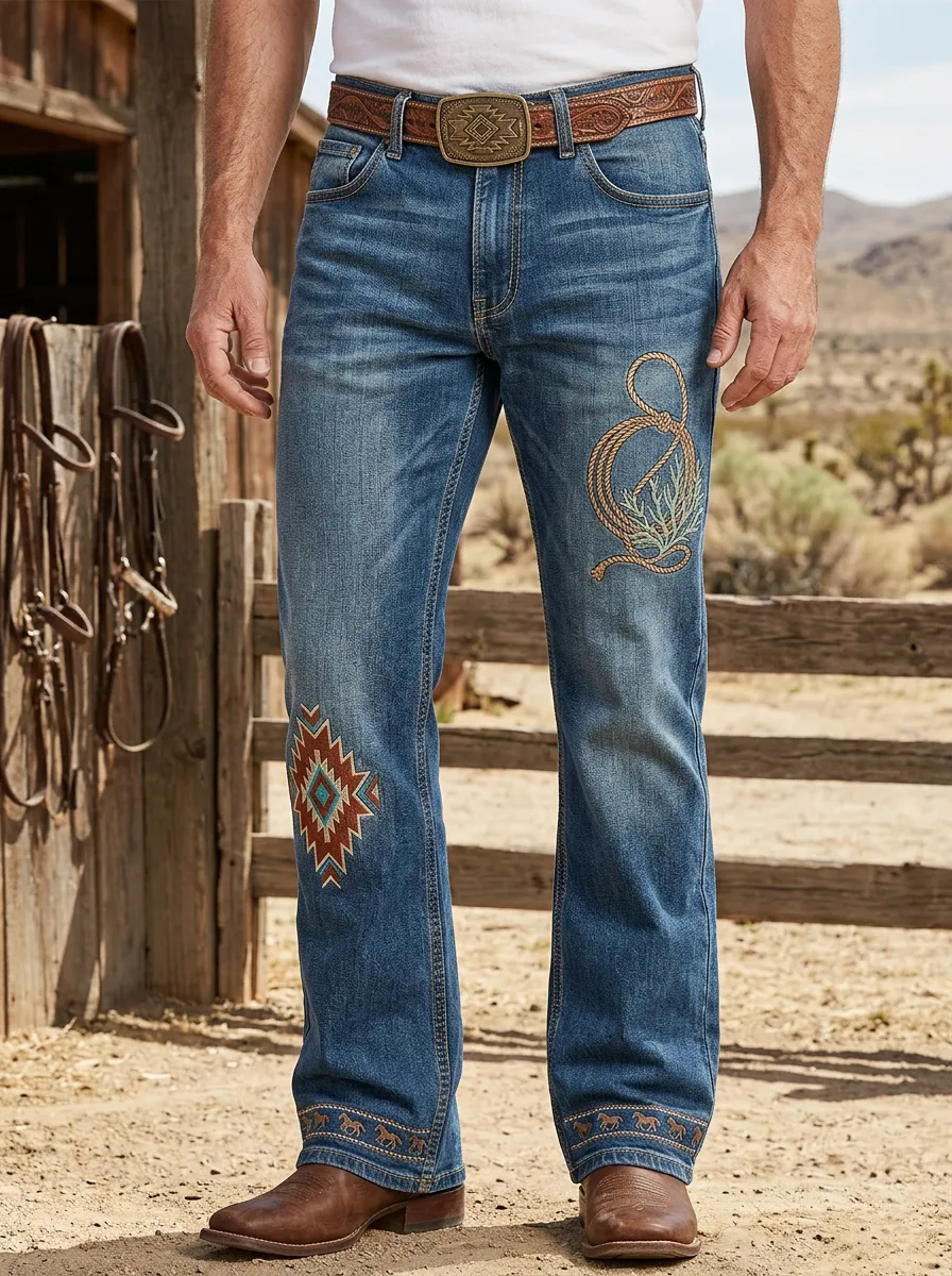Men's Western Cowboy Lasso Geometric Jeans