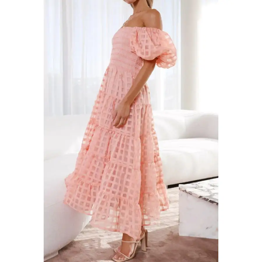 Off Shoulder Short Puff Sleeve Midi Dress