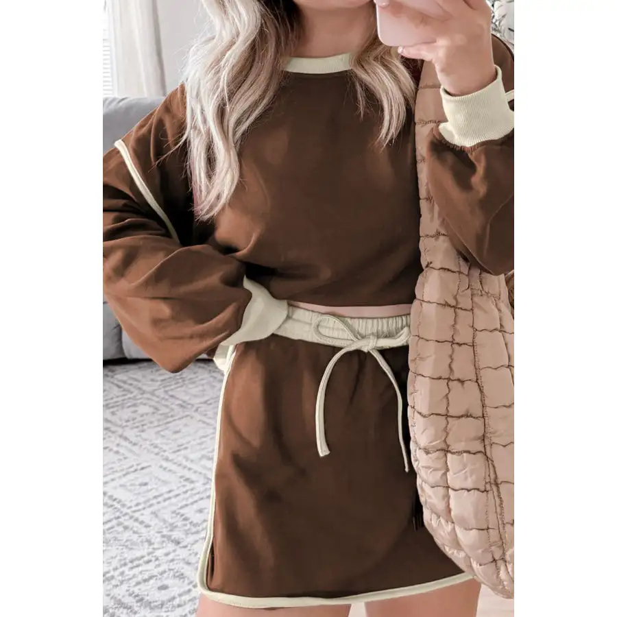 Contrast Trim Round Neck Top and Skort Set