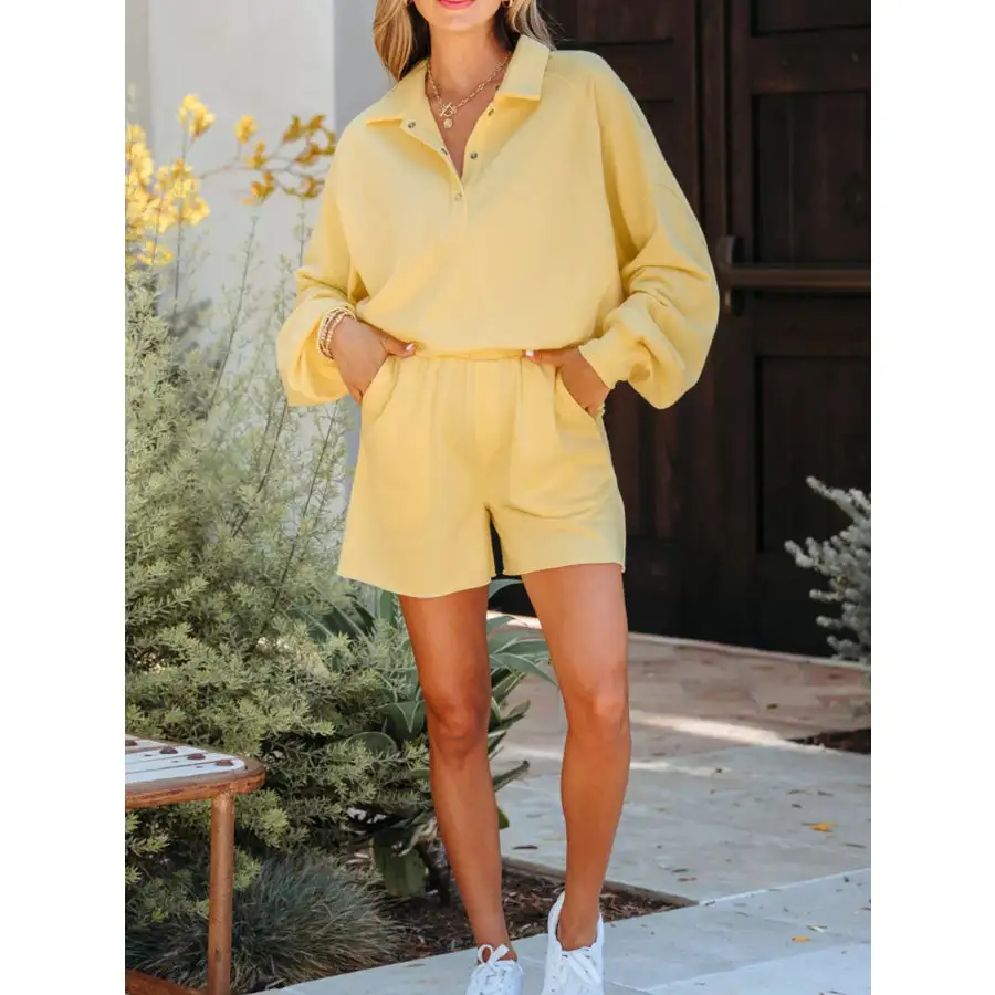 Button Collar Drop Shoulder Top and Shorts 2pcs Set