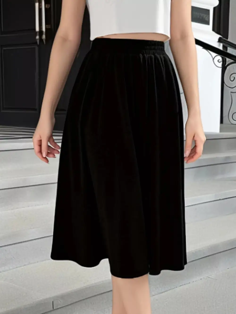 Elastic Waist A-Line Skirt With Pockets