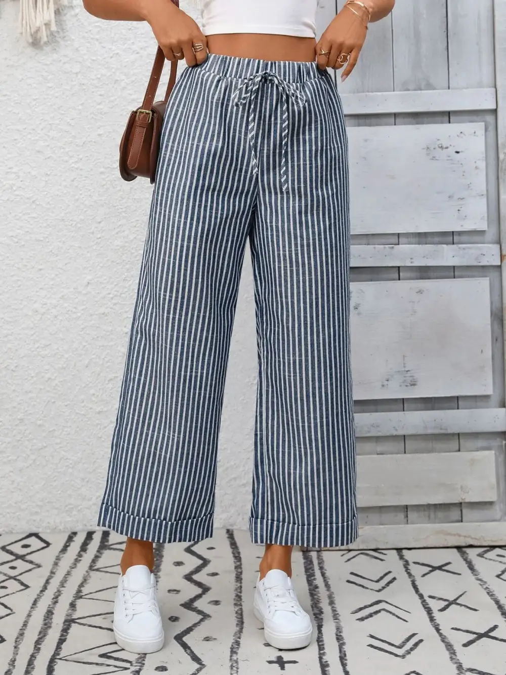 Wide Leg Striped Drawstring Pocketed Pants