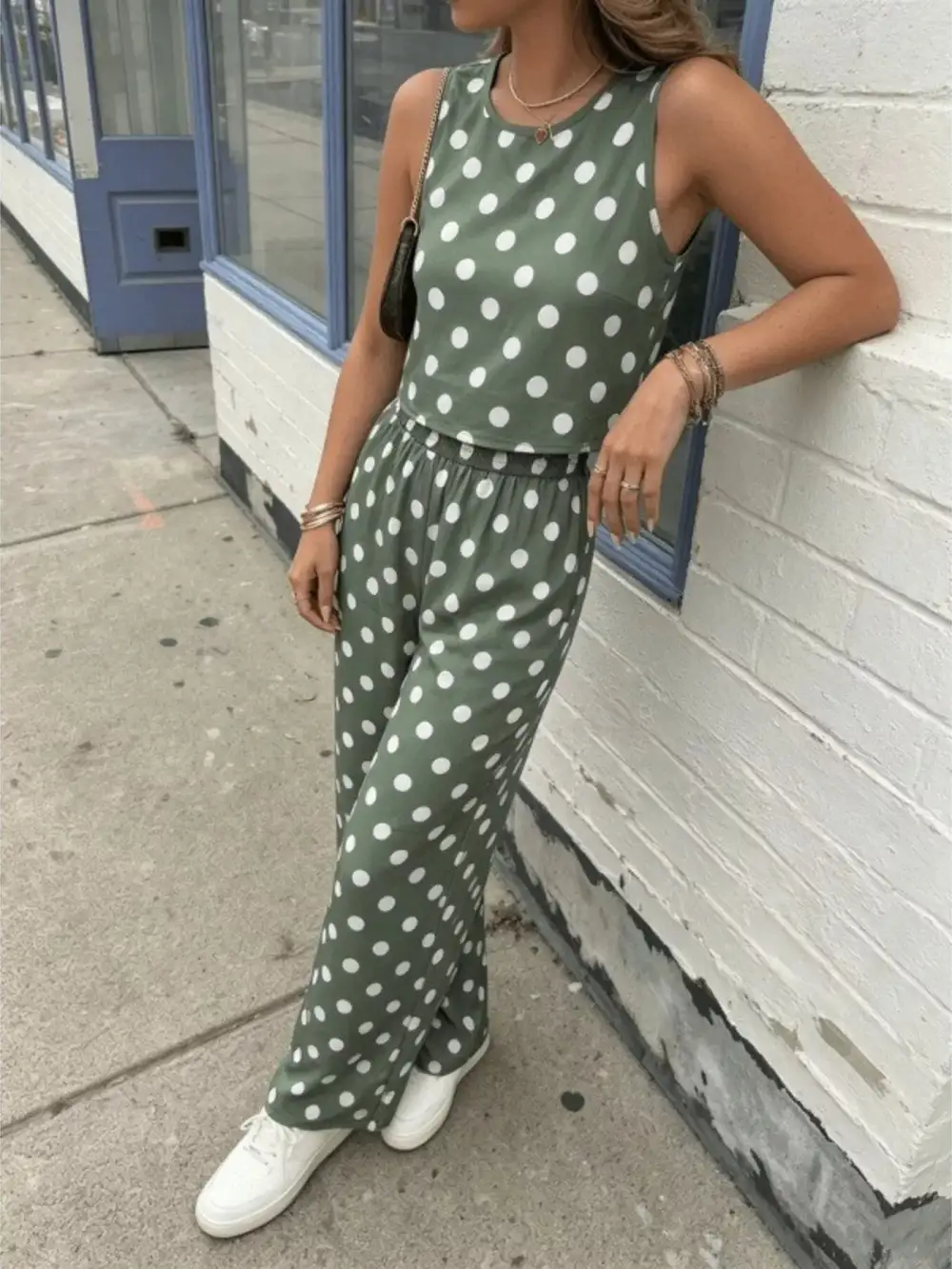 Polka Dot Sleeveless Top and Wide Leg Pants Set
