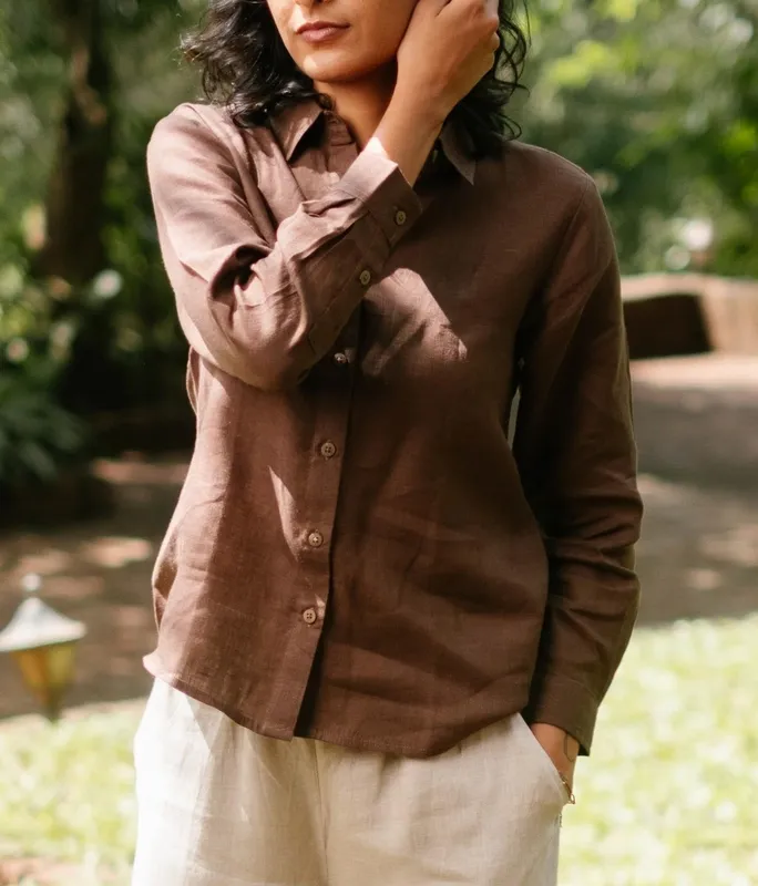 Brown Linen Button-Up Shirt