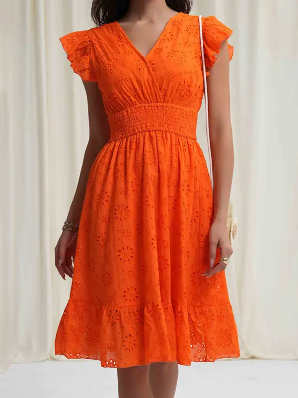 A Line Relaxed Elasticity Hollow Pleated Solid Color V Neck Mini