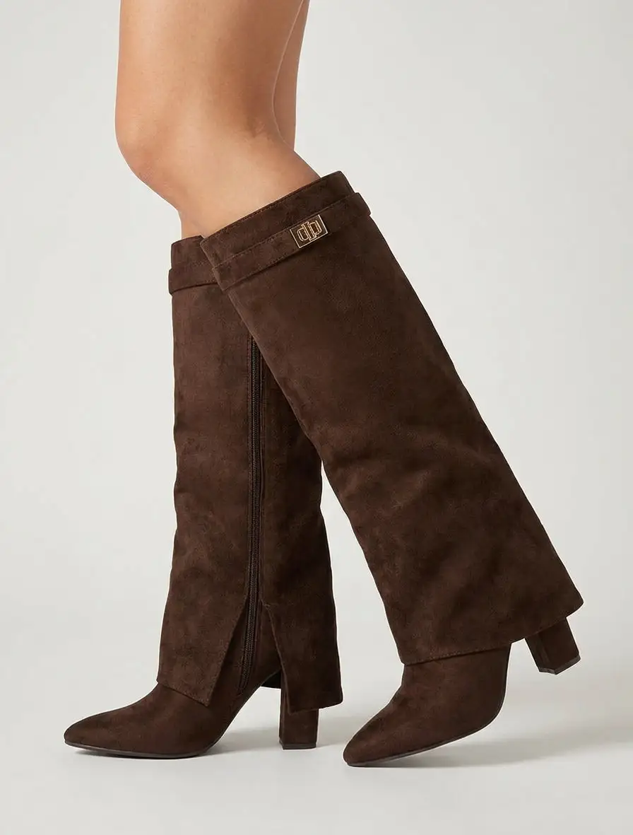 Modern Strap Detail Block Heel Fold-Over Faux Suede Knee High Boots
