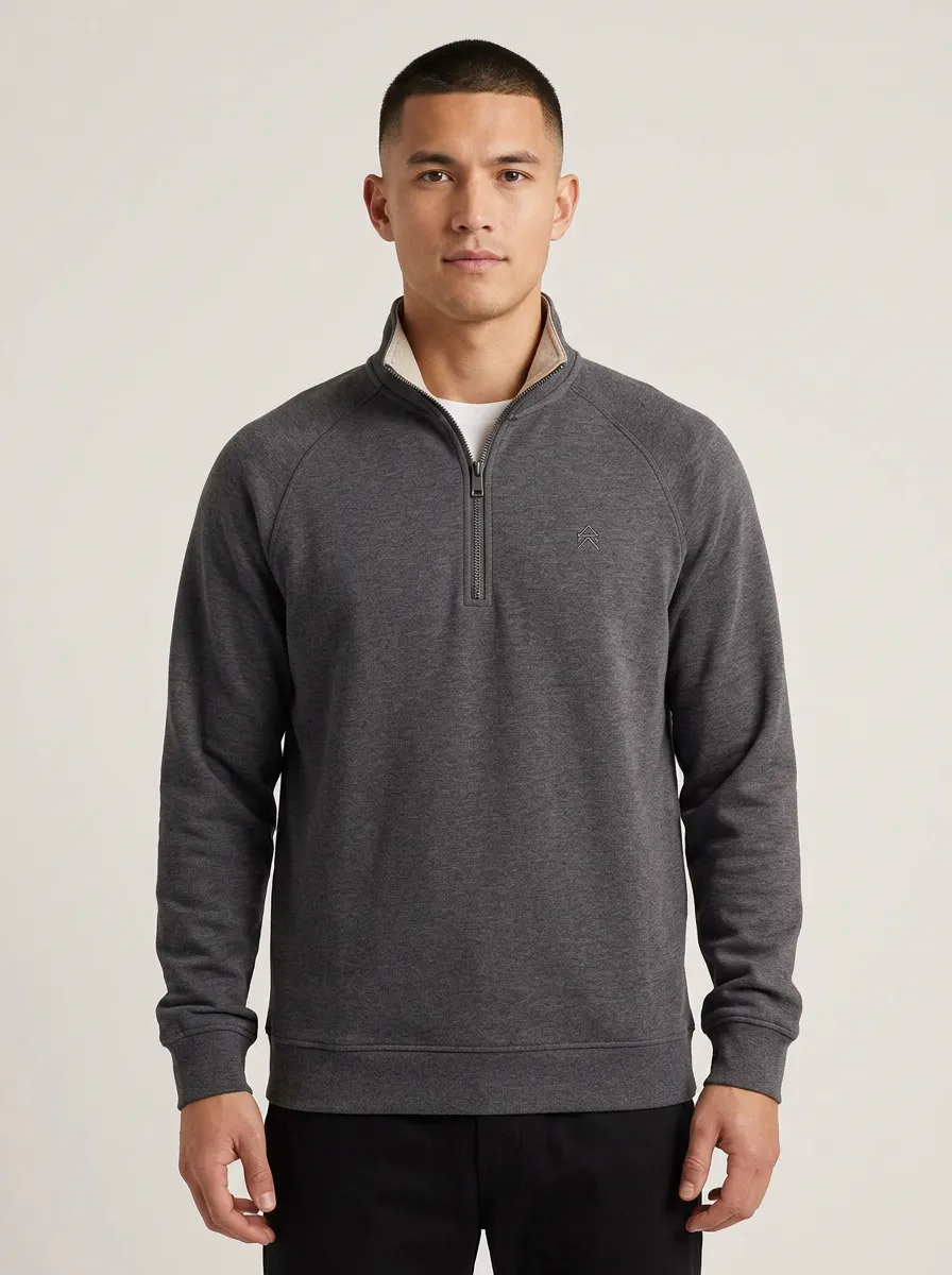 Men's Minimalist Textured Raglan Embroidered Emblem Quarter-Zip Sweatshirt