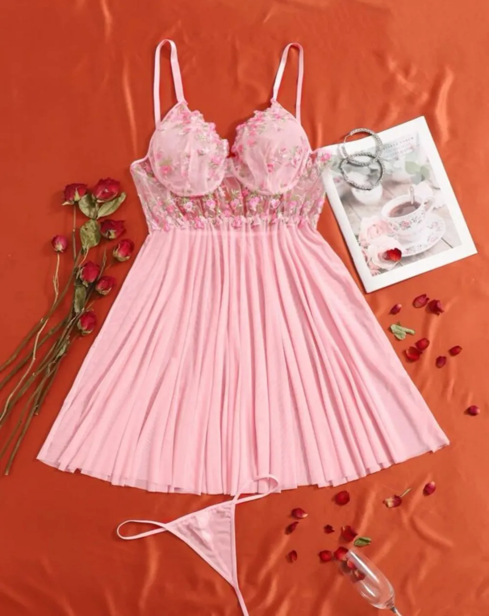 Delicate Embroidered Mesh Lingerie Set