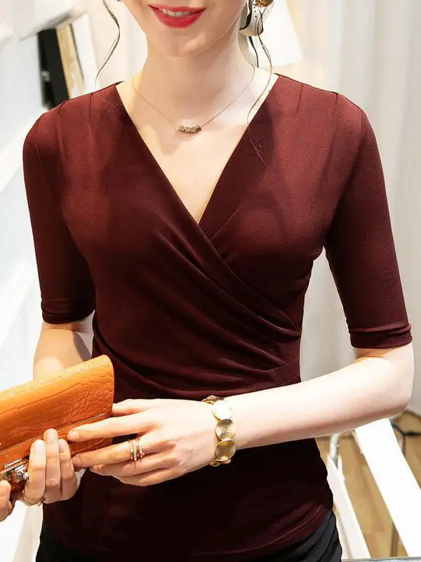 Half Sleeve Slim Fit Pleat Detail V-Neck T-Shirt