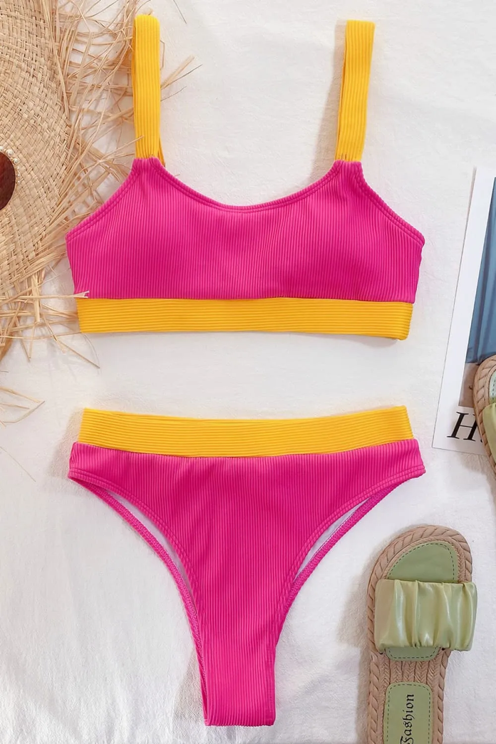 Blocked Pattern Scoop Neck Bikini Swim Set