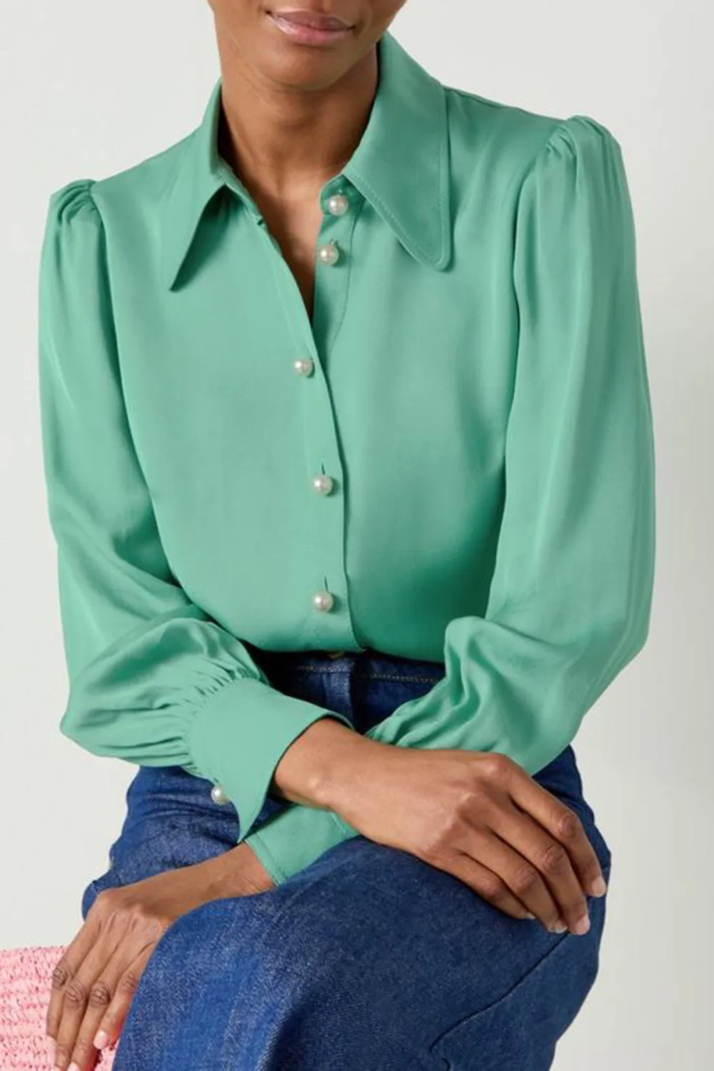 Green Long Sleeve Button Down Silk Blouse
