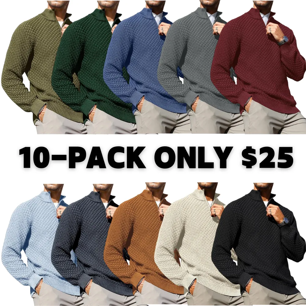 Men's Quarter-Zip Sweater Polo Zip Up Pullover Cable Knit Turtleneck Tops Long Sleeve