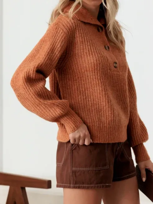 100% Wool Button-Up Neck Pullover Sweater