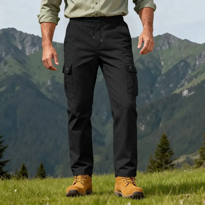 Men's Robust Leisure Cargo Pants with Elastic Waistband Drawstring and Multiple Pockets