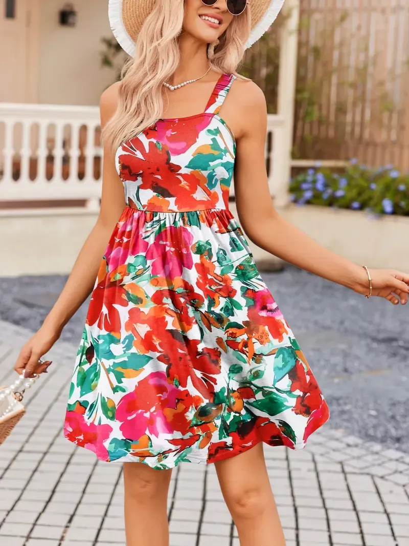 Women's Summer Dress Floral Square Neck Sleeveless Casual Dress