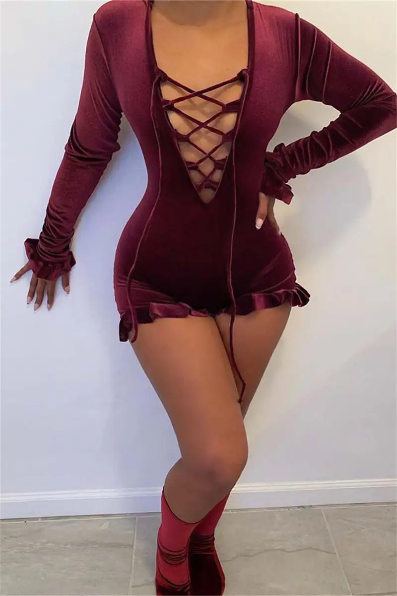Sexy Casual Solid Bandage Hollowed Out V Neck Skinny Romper
