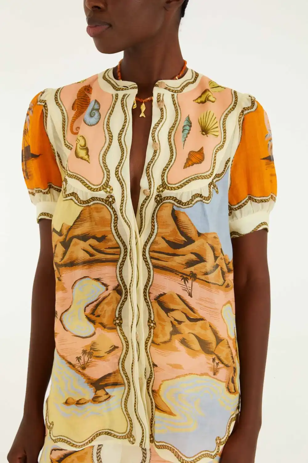 Tropical-Print Puff-Sleeve Short-Sleeve Blouse
