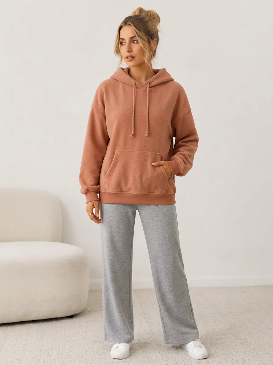 Women's Casual Minimalist Solid Color Fleece Pullover Hoodie Orange