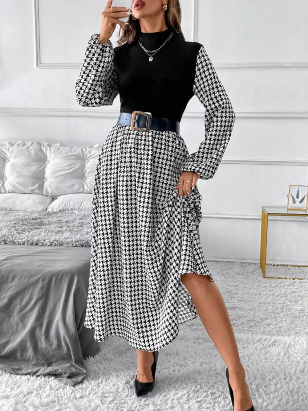 Houndstooth Mock Neck Dress Casual