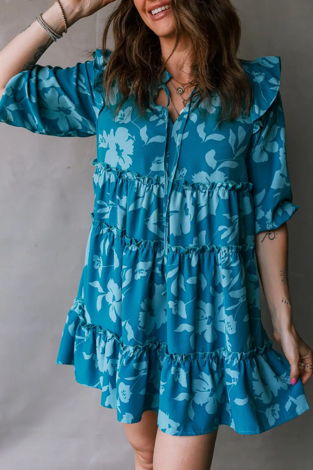 Textured Detail Floral Ruffle Tiered Mini Dress