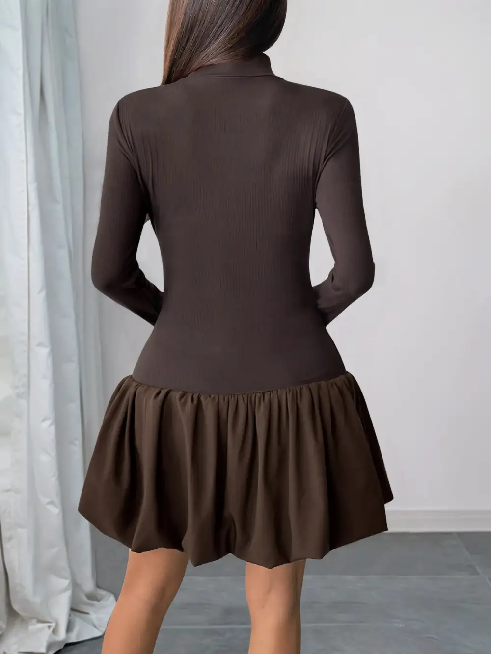 Textured Detail Mock Neck Long Sleeve Dress