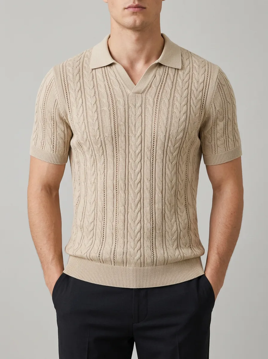Men's Cable-Knit Short Sleeve Polo Shirt with Vertical Texture