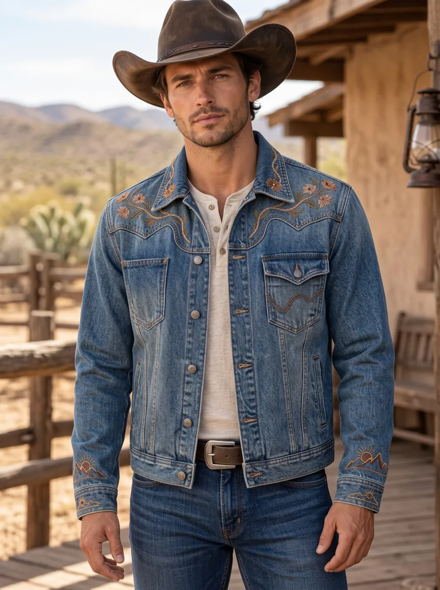 Men's Western Cowboy Floral Mountain Embroidered Jacket
