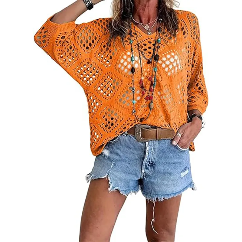 Women's Bohemian-Inspired Beige Crochet Top with V-Neck