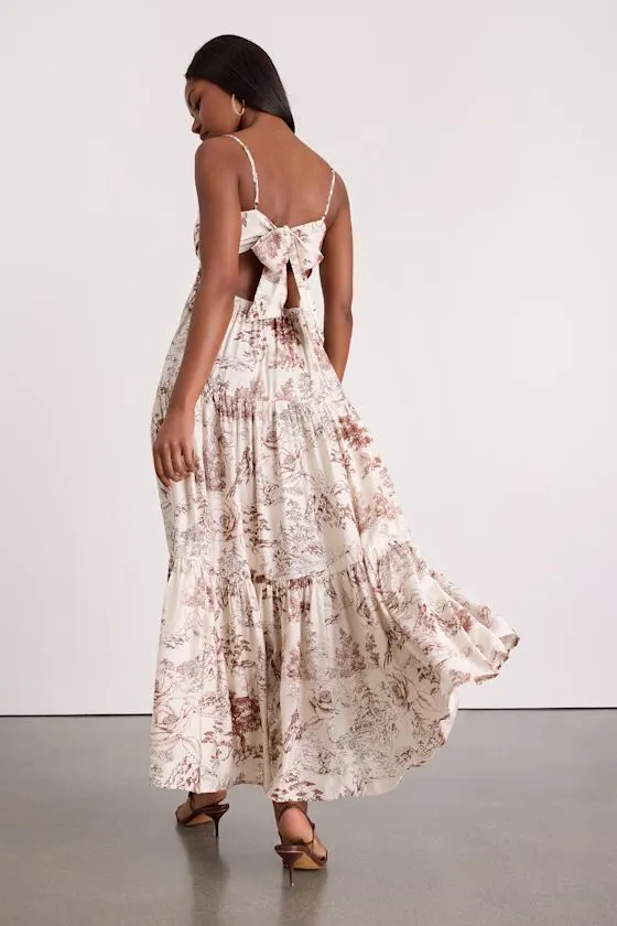 Molana Cream Botanical Print Tiered Maxi Dress
