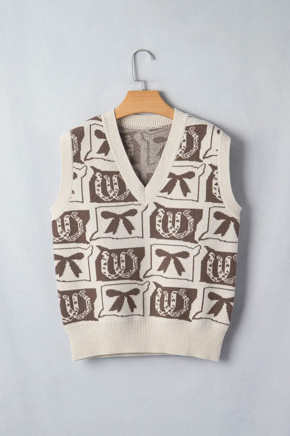 Western Horseshoe Bow Print V-Neck Relaxed Sweater Vest