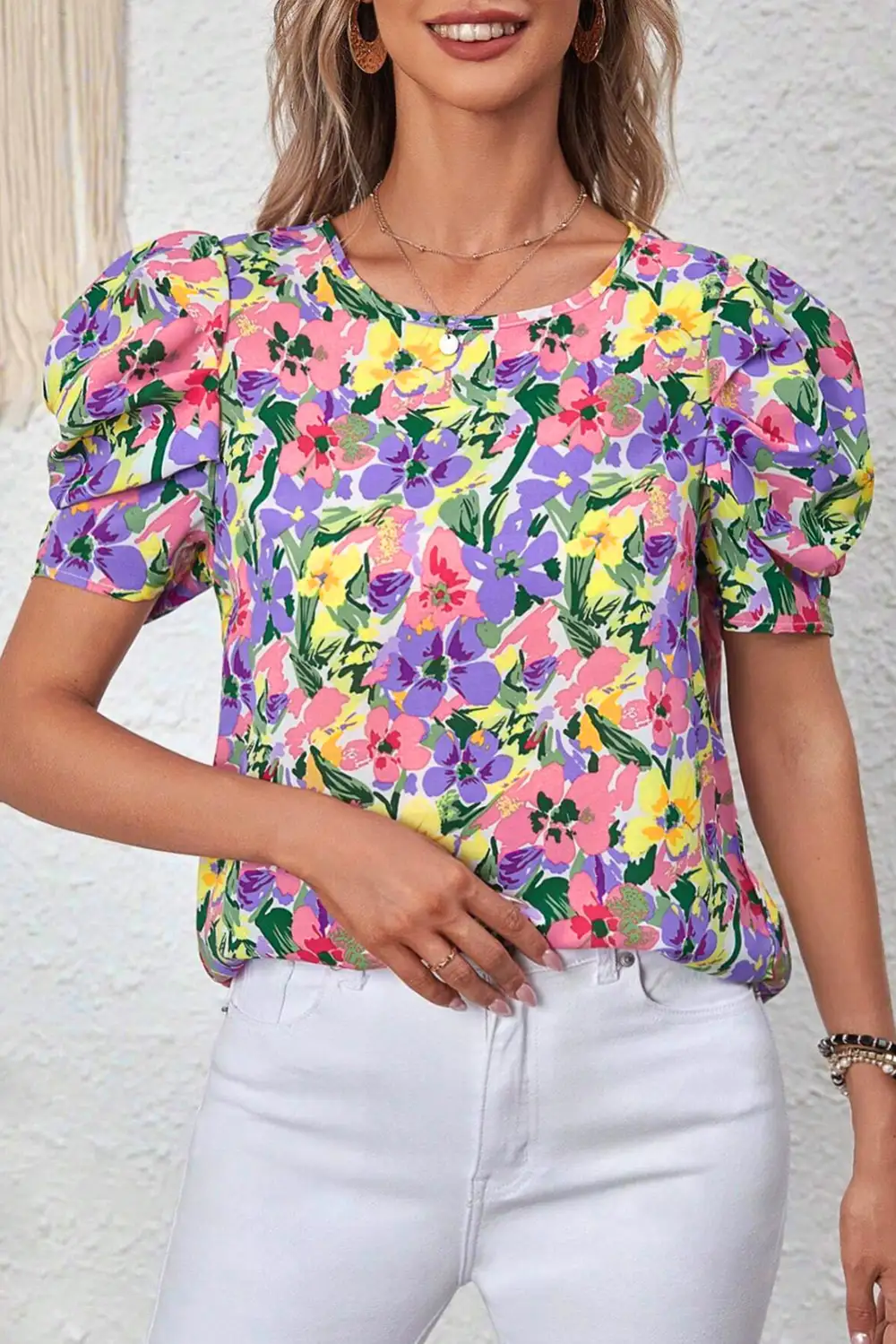 Floral Crew Neck Puff Sleeve Blouse