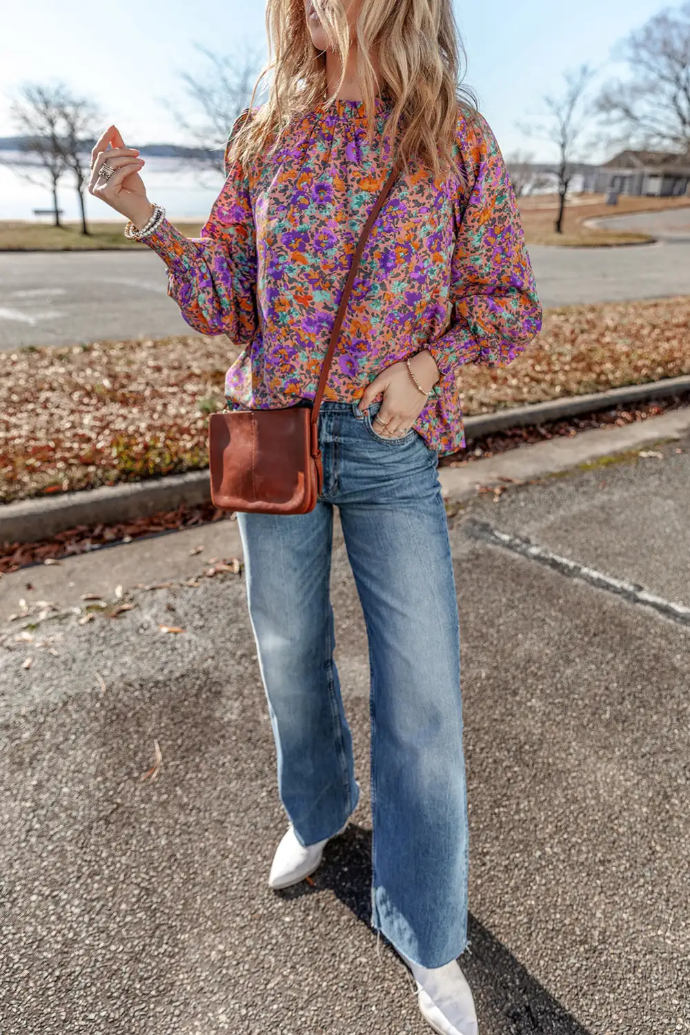 Floral Allover Print Shirred Cuff Frilled Crew Neck Blouse