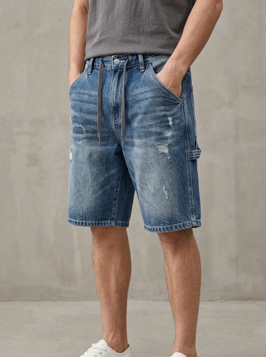 Men's Modern Distressed Raw Hem Street Inspired Distressed Denim Shorts