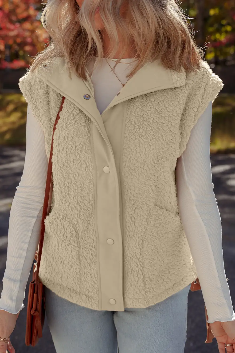 Snap Button Front Knot Side Pocket Detail Polyester Faux Fur Vest