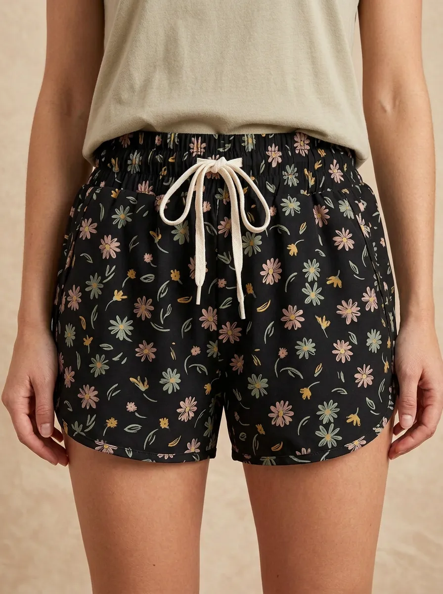 Women's Muted Floral Curved-Hem Casual Shorts
