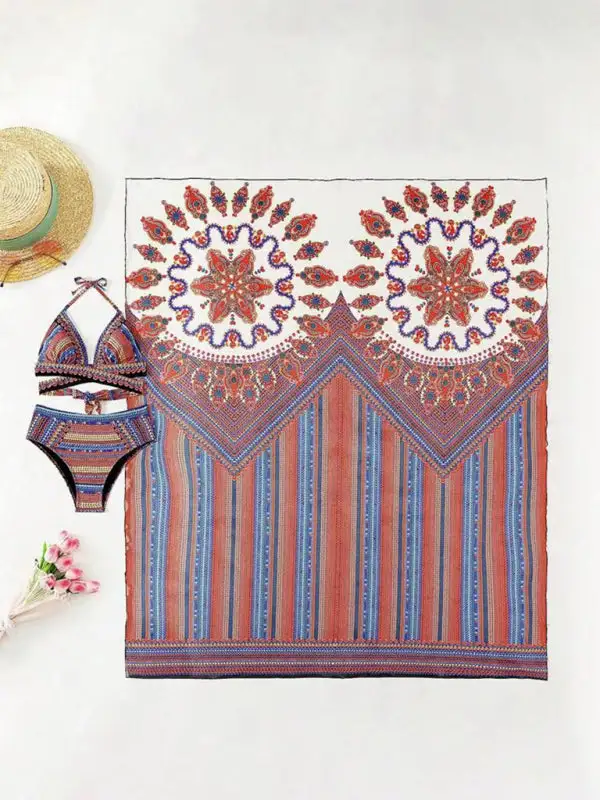 Digital Printed Shawl High Waist Bikini Swim Set